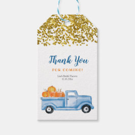 Blauwe pompoen truck gouden faux dank u Label Cadeaulabel