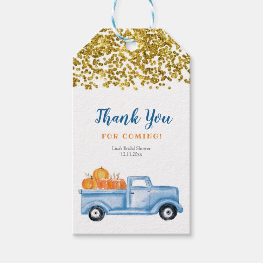 Blauwe pompoen truck gouden faux dank u Label Cadeaulabel (Voorkant)