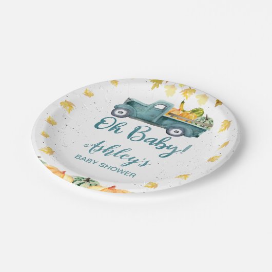 Blauwe pompoen truck herfst bladeren Baby shower Papieren Bordje (Gekanteld)