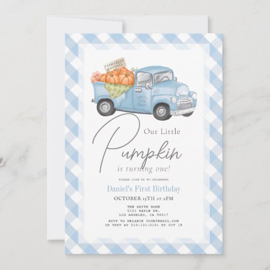 Blauwe Pompoen Vrachtwagen Gingham Jongen 1e Verja Kaart (Voorkant)