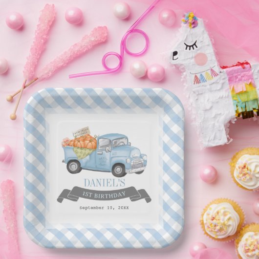 Blauwe Pompoen Vrachtwagen Gingham Jongen 1e Verja Papieren Bordje (Feest)