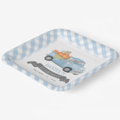 Blauwe Pompoen Vrachtwagen Gingham Jongen 1e Verja Papieren Bordje (Gebogen)