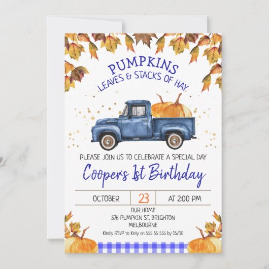 Blauwe Pompoen Vrachtwagen Herfst Foliage Verjaard Kaart (Voorkant)