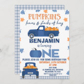 Blauwe pompoen vrachtwagen pompoen bladeren hooi 1 kaart (Voorkant / Achterkant)