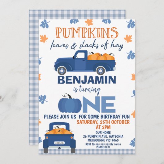 Blauwe pompoen vrachtwagen pompoen bladeren hooi 1 kaart (Voorkant / Achterkant)