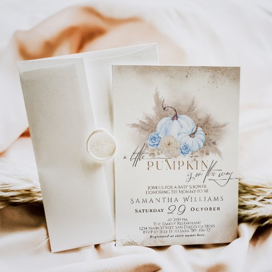 Blauwe Pompoen Waterverf boho baby boy douche Kaart