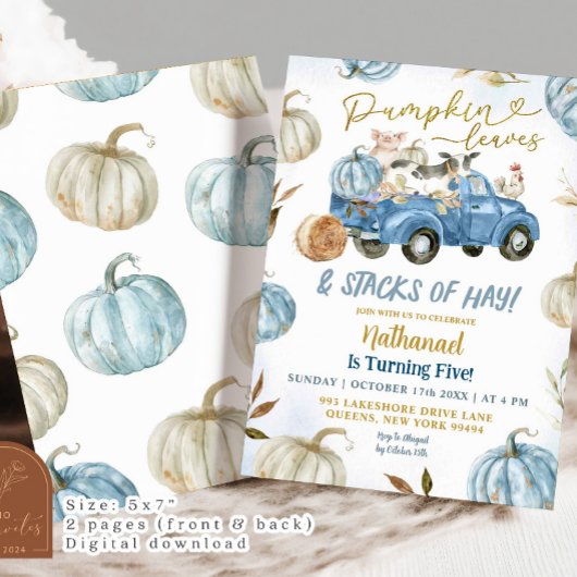 Blauwe pompoenbladeren en stapels hooi verjaardag kaart