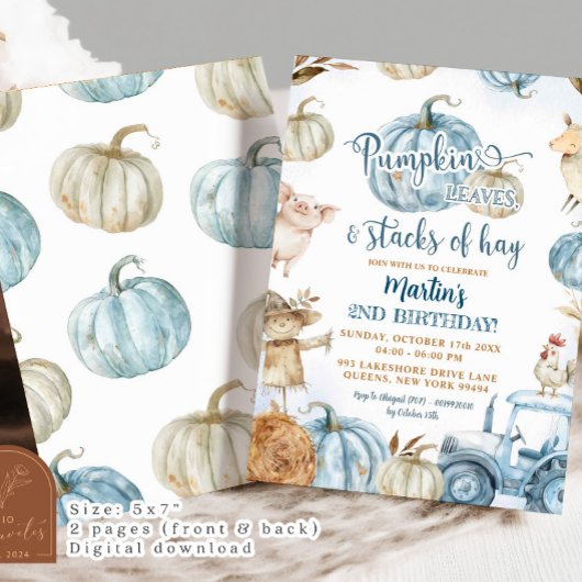 Blauwe pompoenbladeren en stapels hooi verjaardag kaart