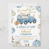 Blauwe pompoenbladeren en stapels hooi verjaardag kaart (Voorkant)