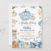 Blauwe pompoenbladeren en stapels hooi verjaardag kaart (Voorkant)