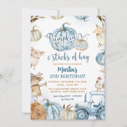 Blauwe pompoenbladeren en stapels hooi verjaardag kaart (Voorkant)