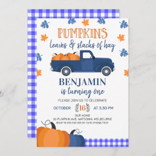 Blauwe pompoenpompoen en hay Birthday Kaart