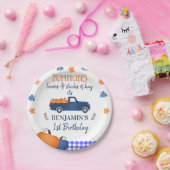 Blauwe pompoenpompoen en hay Birthday Papieren Bordje (Feest)