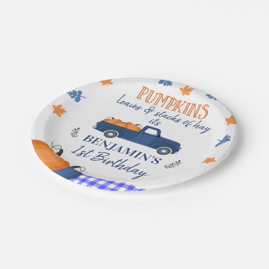 Blauwe pompoenpompoen en hay Birthday Papieren Bordje (Gekanteld)