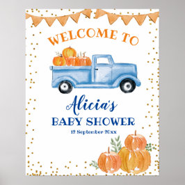 Blauwe pompoenwagen Baby shower welkom bord Poster