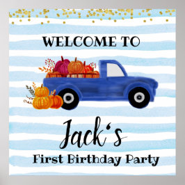 Blauwe pompoenwagen, welkomstbord poster