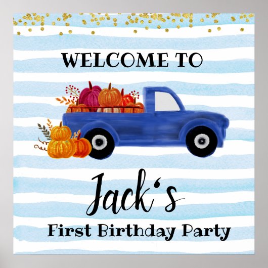Blauwe pompoenwagen, welkomstbord poster (Voorkant)