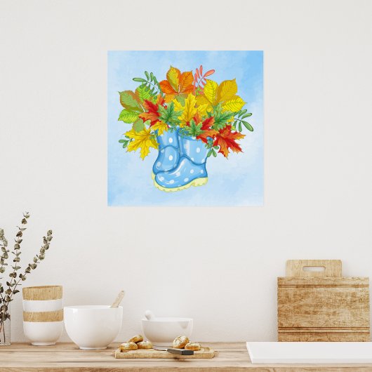 Blauwe poodot-regenlaarzen vallen weg poster (Keuken)