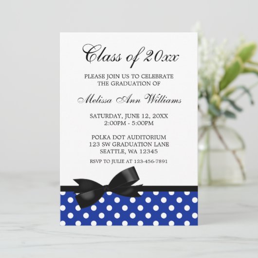 Blauwe pooidot Black Bow Afstuderen Aankondiging (Staand voorkant)