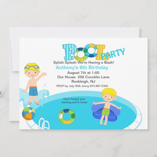 Blauwe Pool Party Boys Birthday Uitnodiging (Voorkant)