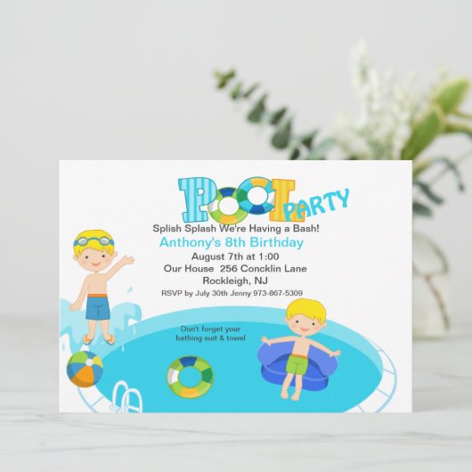 Blauwe Pool Party Boys Birthday Uitnodiging (Staand voorkant)