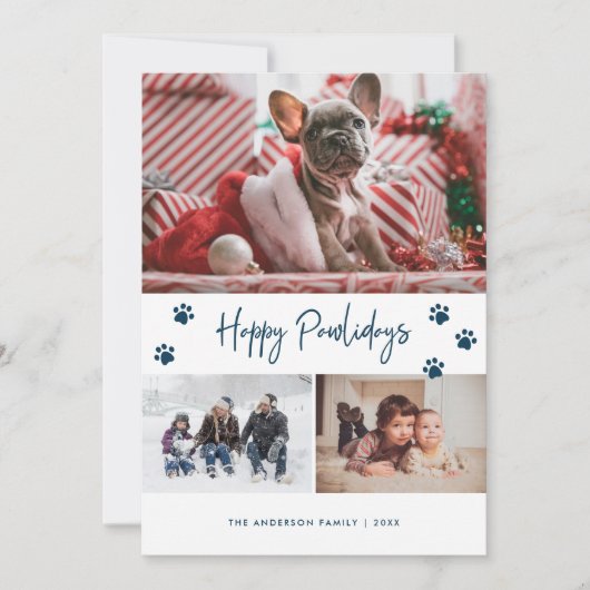 Blauwe poot afdrukken 3 Foto Collage Happy Pawlida Feestdagenkaart (Voorkant)