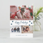 Blauwe poot afdrukken 3 Foto Collage Happy Pawlida Feestdagenkaart (Staand voorkant)