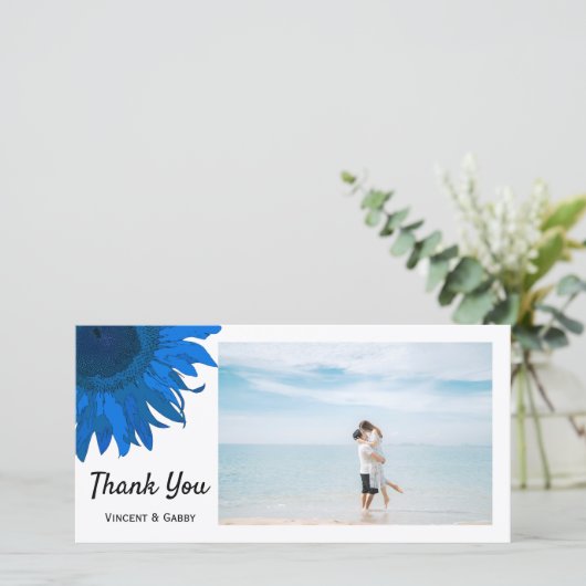 Blauwe Pop Art Zonnebloem Bedank Foto Kaart (Staand voorkant)