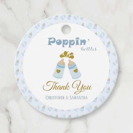 Blauwe Poppin Flessen Jongen Baby shower Bedankjes Labels (Voorkant)