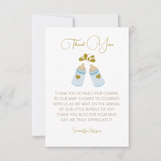 Blauwe Poppin Flessen Jongen Baby shower Bedankkaart (Voorkant)