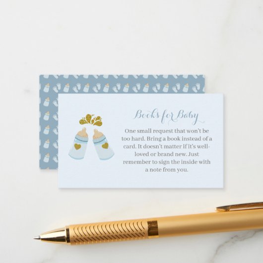 Blauwe Poppin Flessen Jongen Baby shower Informatiekaartje (Voorkant / Achterkant in situ)