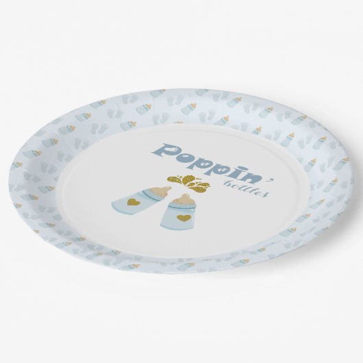 Blauwe Poppin Flessen Jongen Baby shower Papieren Bordje (Gekanteld)