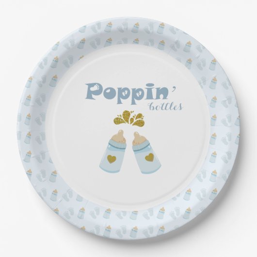 Blauwe Poppin Flessen Jongen Baby shower Papieren Bordje (Voorkant)