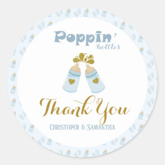 Blauwe Poppin Flessen Jongen Baby shower Ronde Sticker
