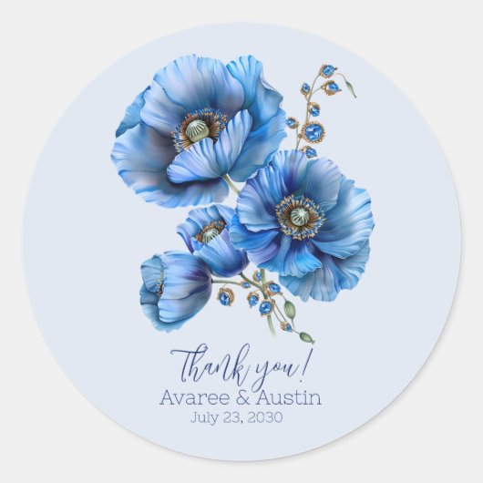 Blauwe Poppy Bloemen bruiloft Dank u Ronde Sticker (Voorkant)