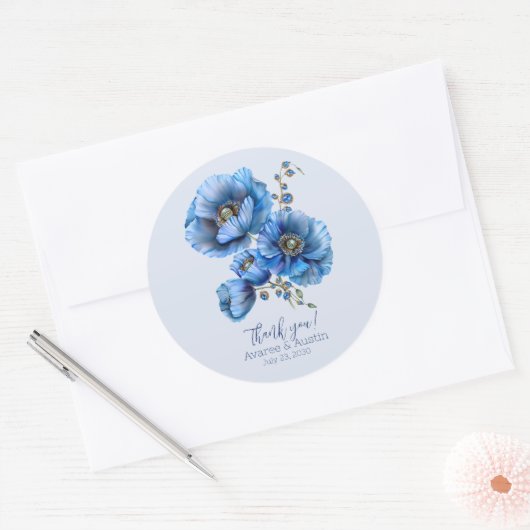 Blauwe Poppy Bloemen bruiloft Dank u Ronde Sticker (Envelop)