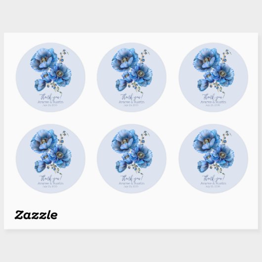 Blauwe Poppy Bloemen bruiloft Dank u Ronde Sticker (Vel)