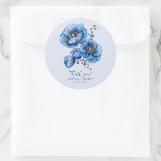 Blauwe Poppy Bloemen bruiloft Dank u Ronde Sticker (Tas)
