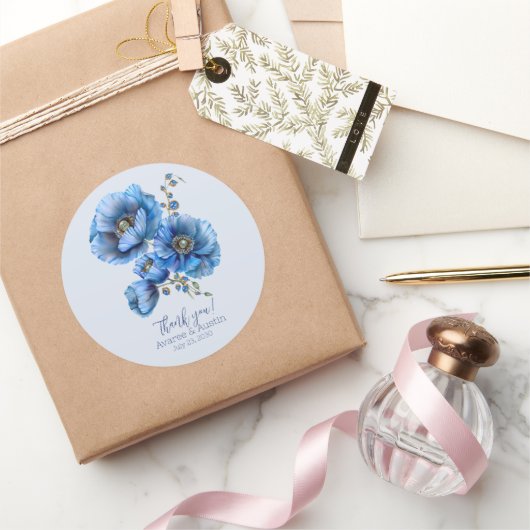 Blauwe Poppy Bloemen bruiloft Dank u Ronde Sticker (Geschenken)
