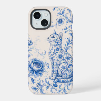 Blauwe Porseleinen Kat Bloemige Hoes voor Telefoon iPhone 15 Case