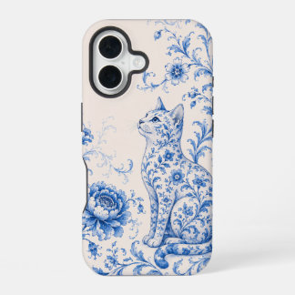 Blauwe Porseleinen Kat Bloemige Hoes voor Telefoon iPhone 16 Hoesje
