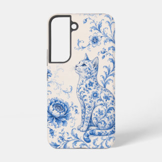 Blauwe Porseleinen Kat Bloemige Hoes voor Telefoon Samsung Galaxy Hoesje