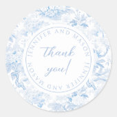 Blauwe porseleinen trouwmonogramstickers ronde sticker (Voorkant)