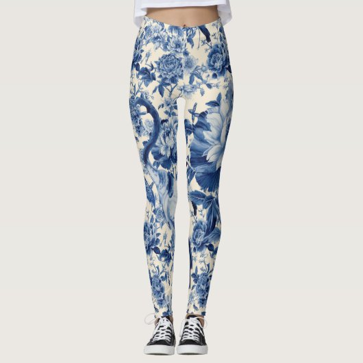 Blauwe Porseleinen Zwanentuin Leggings (Voorkant)