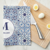 Blauwe Portugese Tiles Monogrammed Theedoek (Quarter Fold)