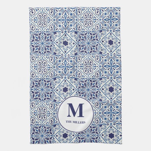 Blauwe Portugese Tiles Monogrammed Theedoek (Verticaal)