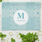 Blauwe Portugese Tiles Turquoise Monogrammed Theedoek (Gevouwen)