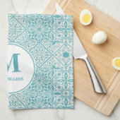 Blauwe Portugese Tiles Turquoise Monogrammed Theedoek (Quarter Fold)