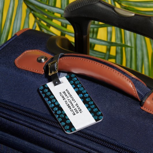 Blauwe poten, glitterpoten, blauw glitter, reuzenp bagagelabel (Voorkant Insitu 1)