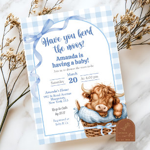 Blauwe Preppy Gingham Koe Baby Shower Kaart